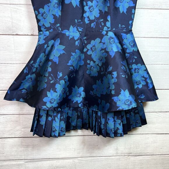 Lulus Navy Blue Satin Mini Dress Teal Cap Sleeve Pleated Floral Fit n Fl… - Picture 4 of 10
